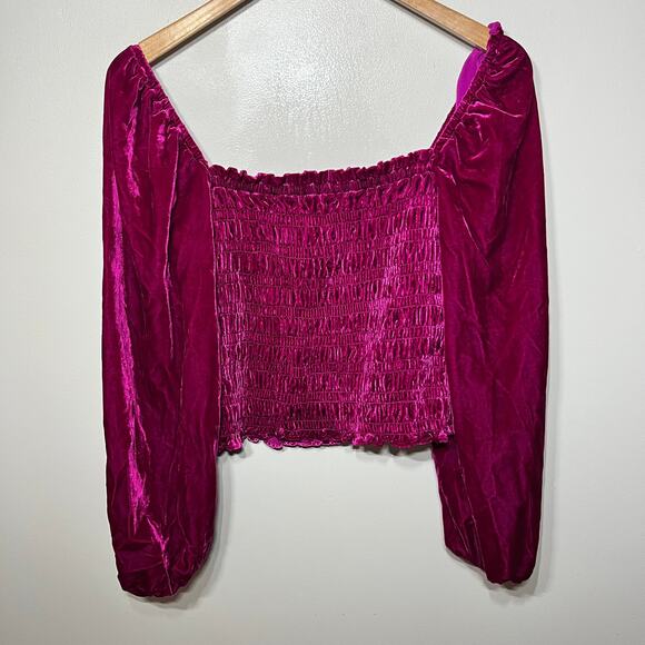 Anthropologie Tops - Anthropologie Top Smock Cropped Velvet Fuchsia Pink Balloon Sleeve Glam Boho M
